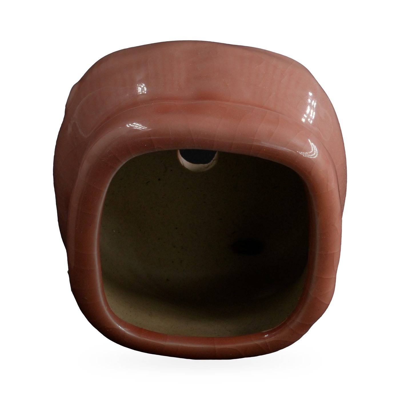 Dusty-pink crackle-glazed sack-shaped pot with folded rim band and small feet, 8×6cm – view 3