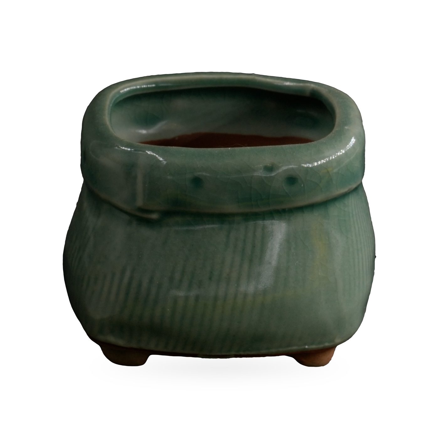 Jade-green crackle-glazed sack-shaped pot with vertical lines and small feet, 8×6cm