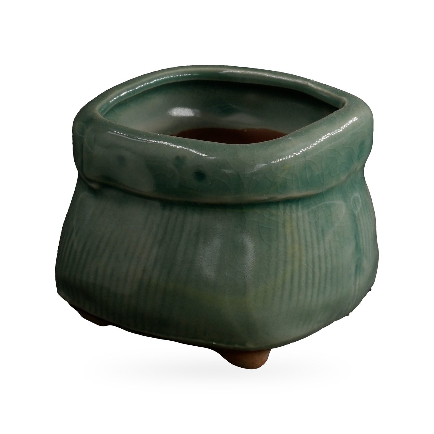 Jade-green crackle-glazed sack-shaped pot with vertical lines and small feet, 8×6cm – view 2