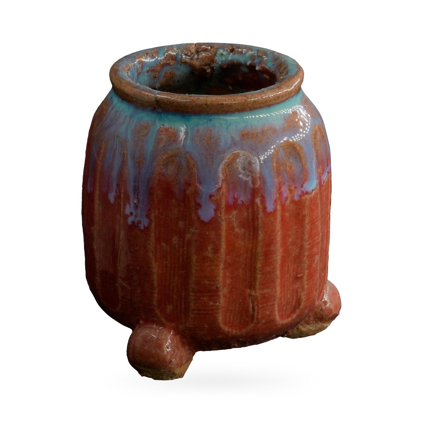 Ribbed copper-red pot with turquoise and lavender drip glaze on small rounded feet, 6.5×7.5cm – view 2