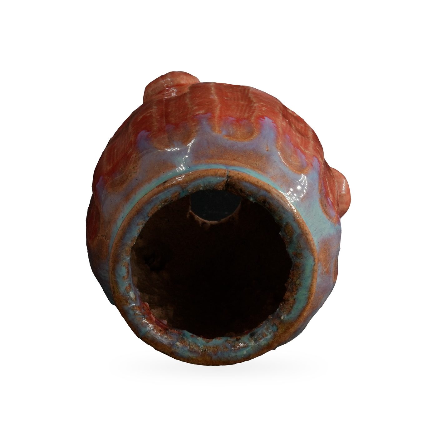 Ribbed copper-red pot with turquoise and lavender drip glaze on small rounded feet, 6.5×7.5cm – view 3