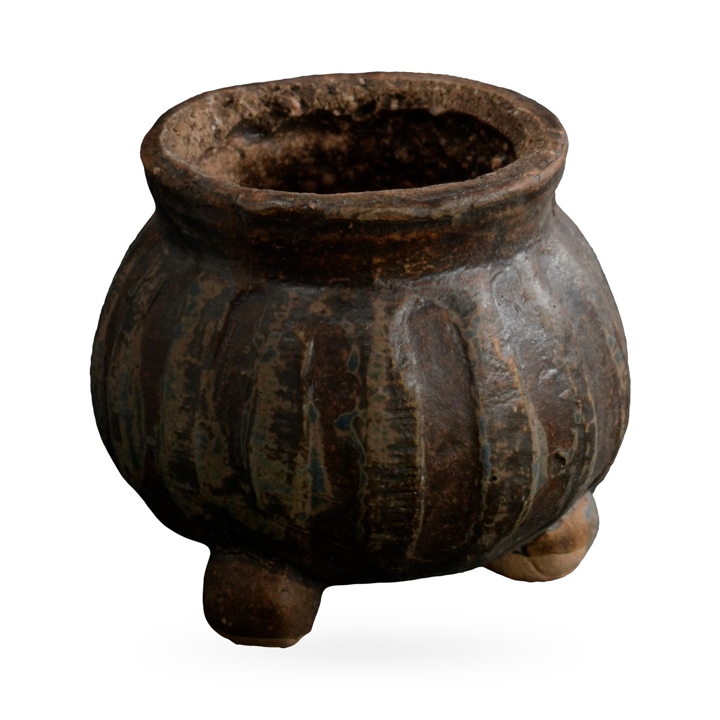 Rustic dark brown ribbed melon-shaped pot with blue-grey streaks on small feet, 7×6cm – view 2
