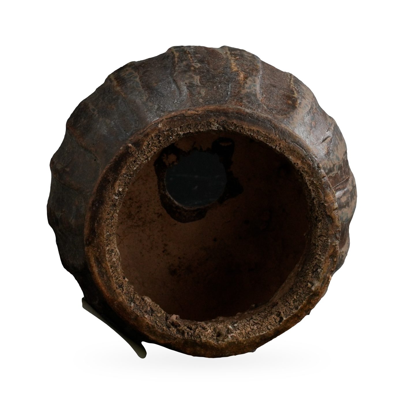 Rustic dark brown ribbed melon-shaped pot with blue-grey streaks on small feet, 7×6cm – view 3