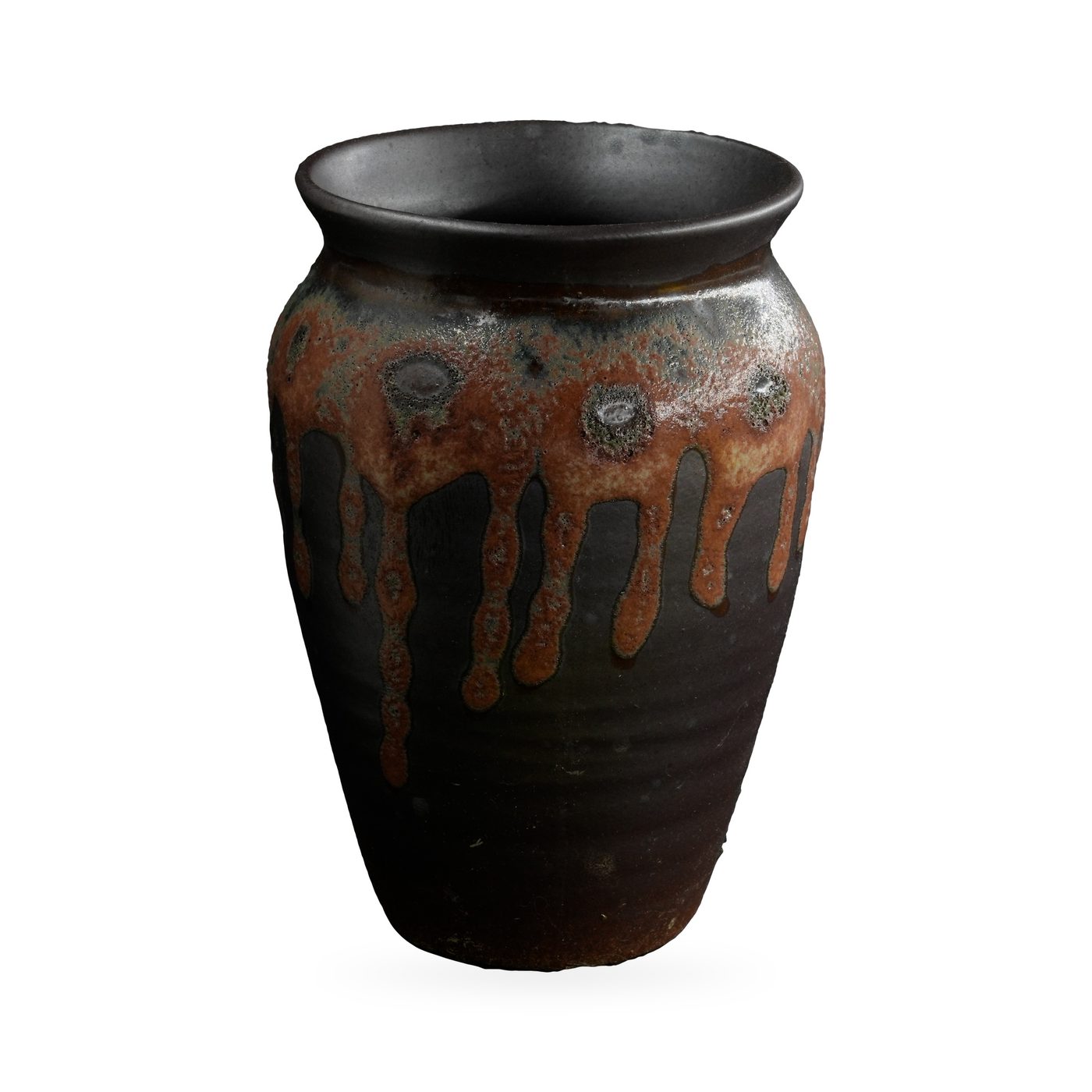 Tall black urn-shaped pot with rust-brown drip glaze and raised dotted medallions, 8.5×12cm – view 2
