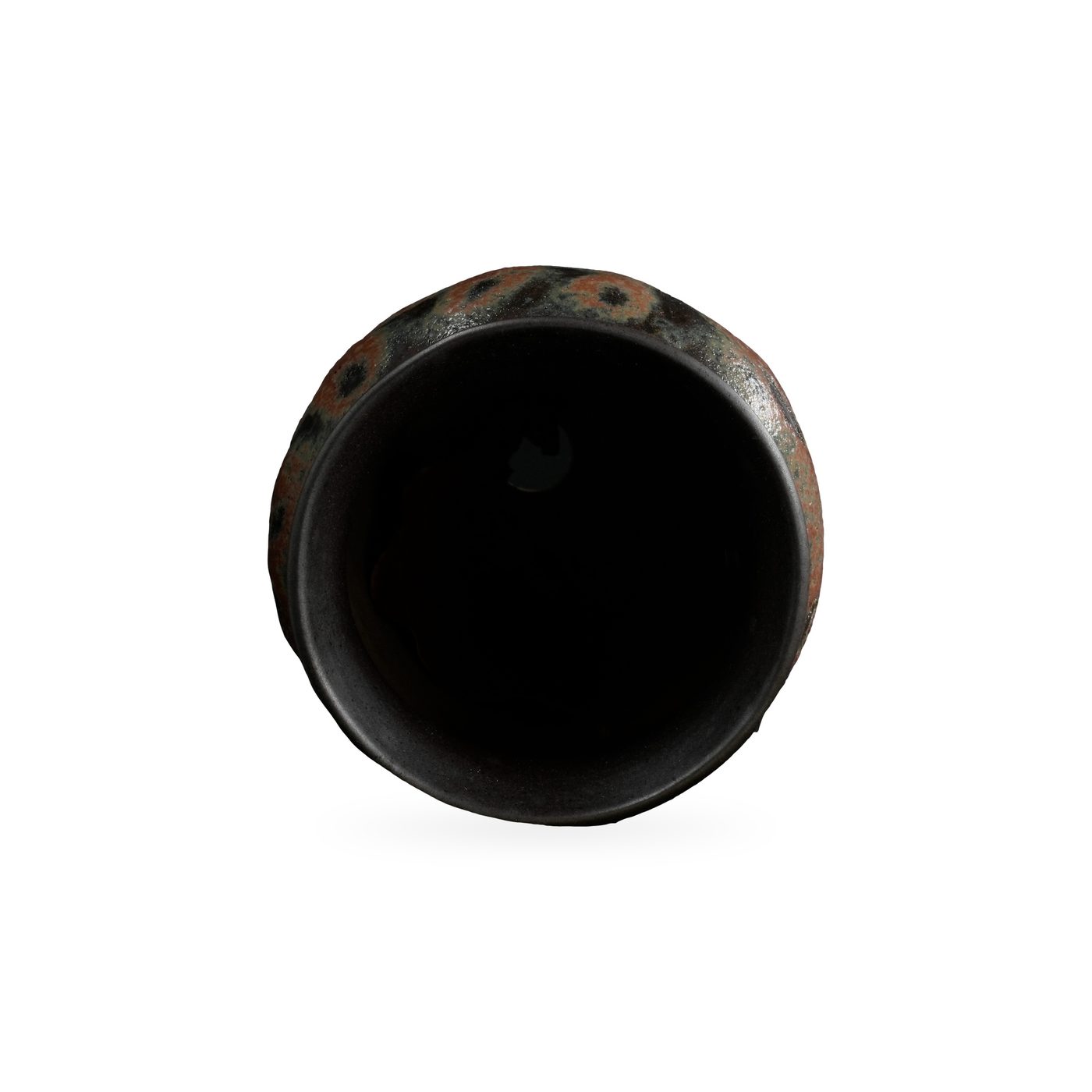 Tall black urn-shaped pot with rust-brown drip glaze and raised dotted medallions, 8.5×12cm – view 3