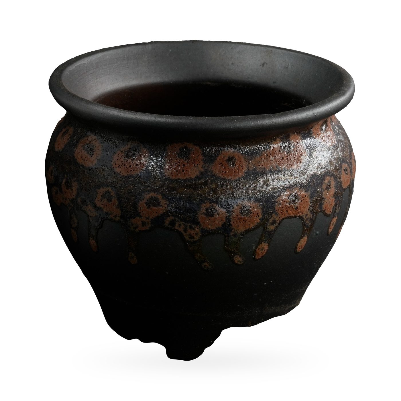 Round matte black pot with a rust-orange spotted drip glaze band and rolled rim – view 2