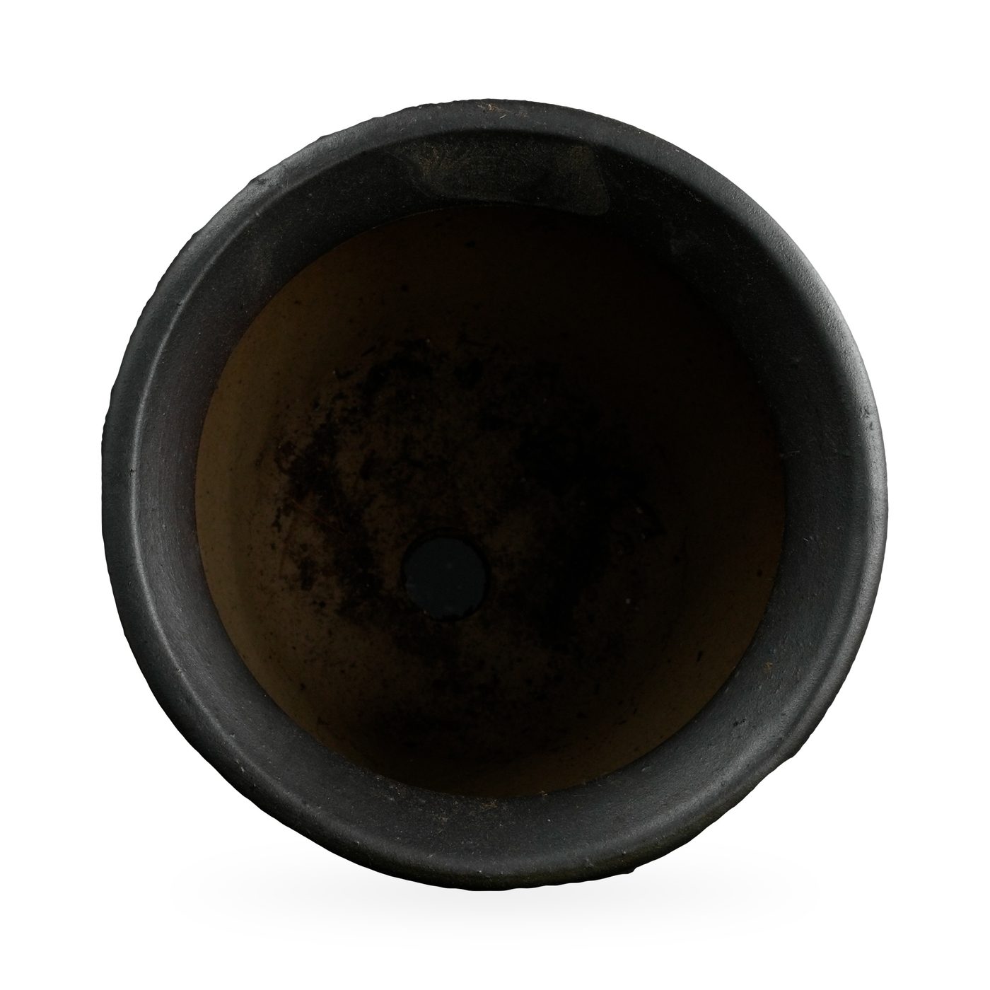 Round matte black pot with a rust-orange spotted drip glaze band and rolled rim – view 3