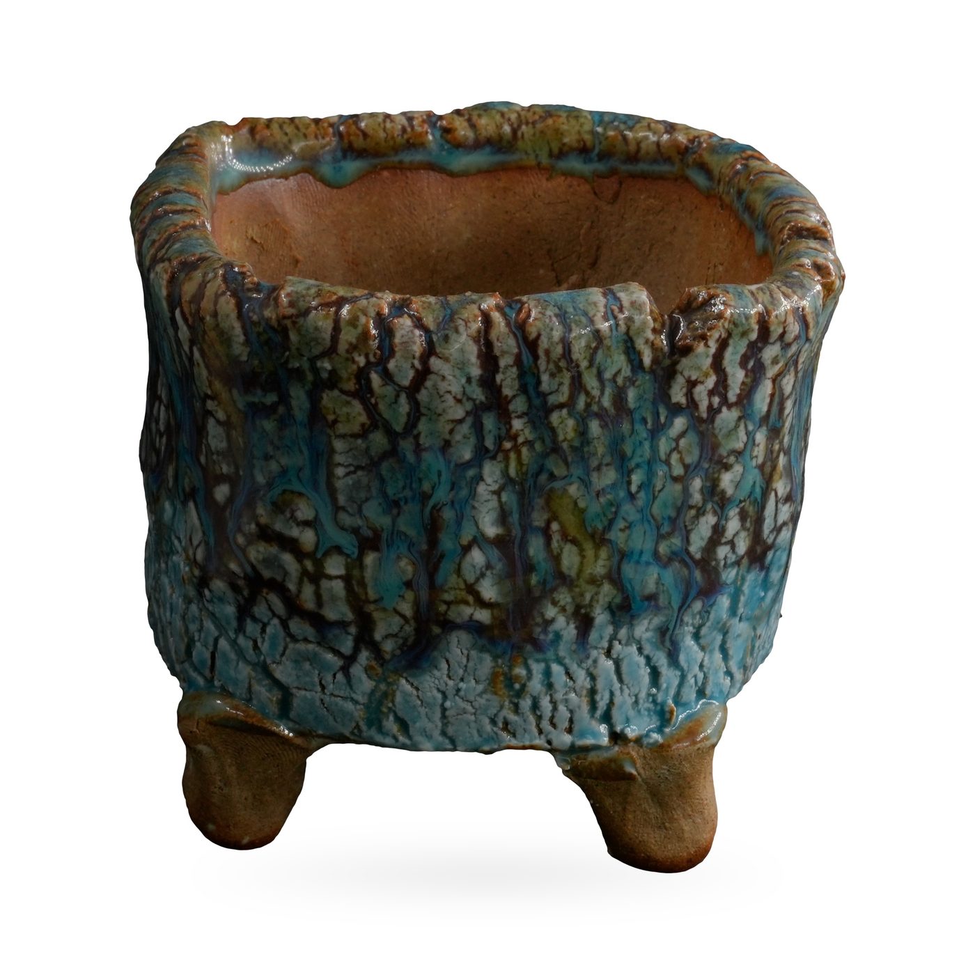 Rustic footed pot with turquoise crackle glaze and dark brown bark-like veining