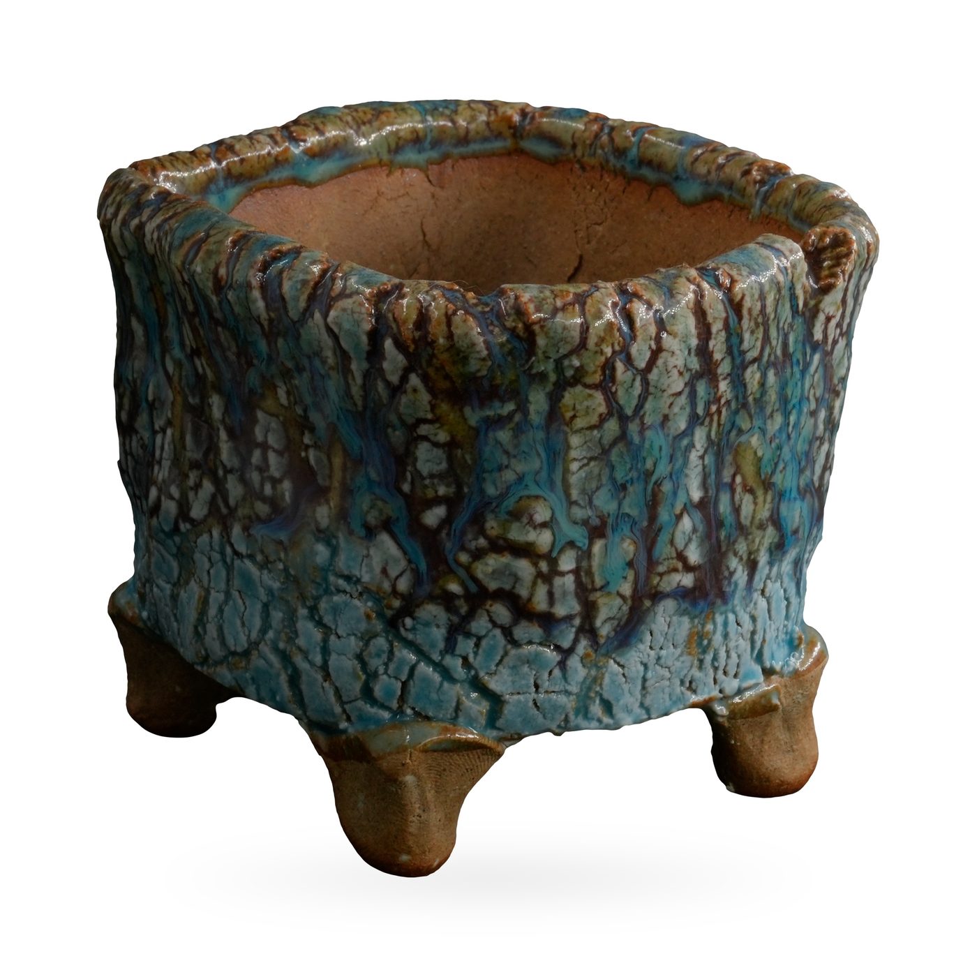 Rustic footed pot with turquoise crackle glaze and dark brown bark-like veining – view 2