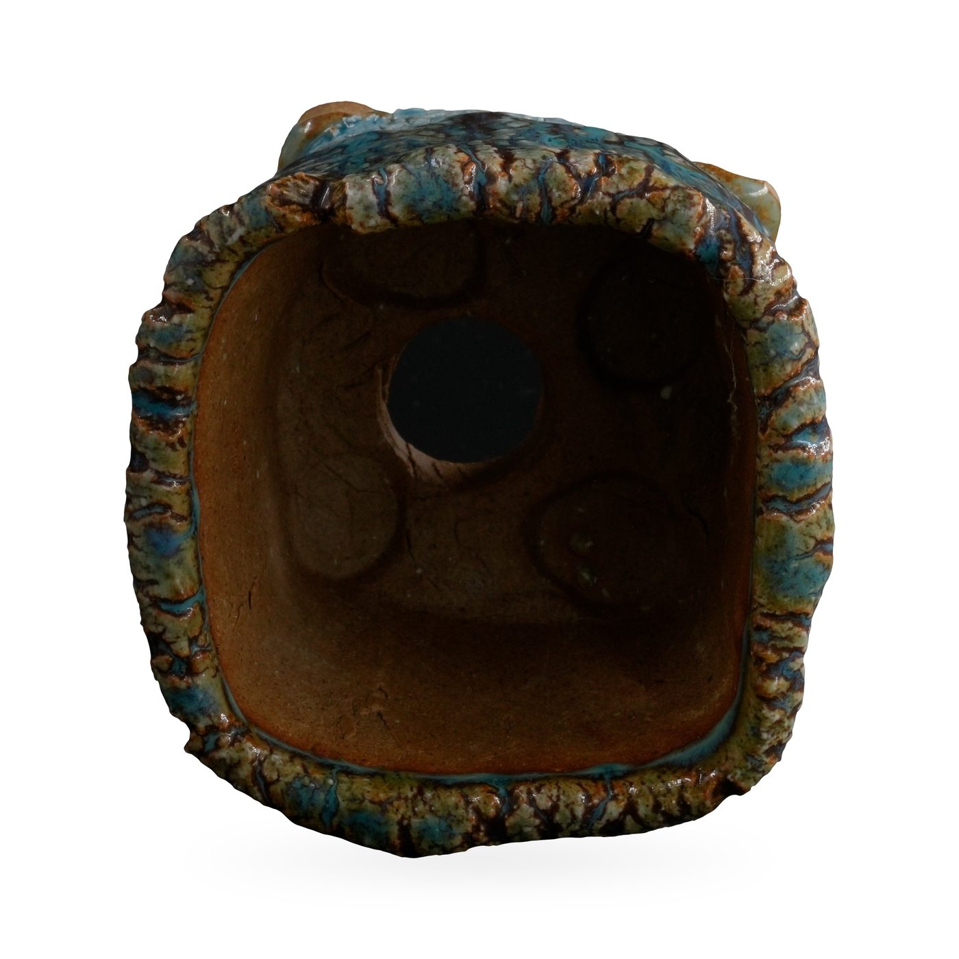 Rustic footed pot with turquoise crackle glaze and dark brown bark-like veining – view 3