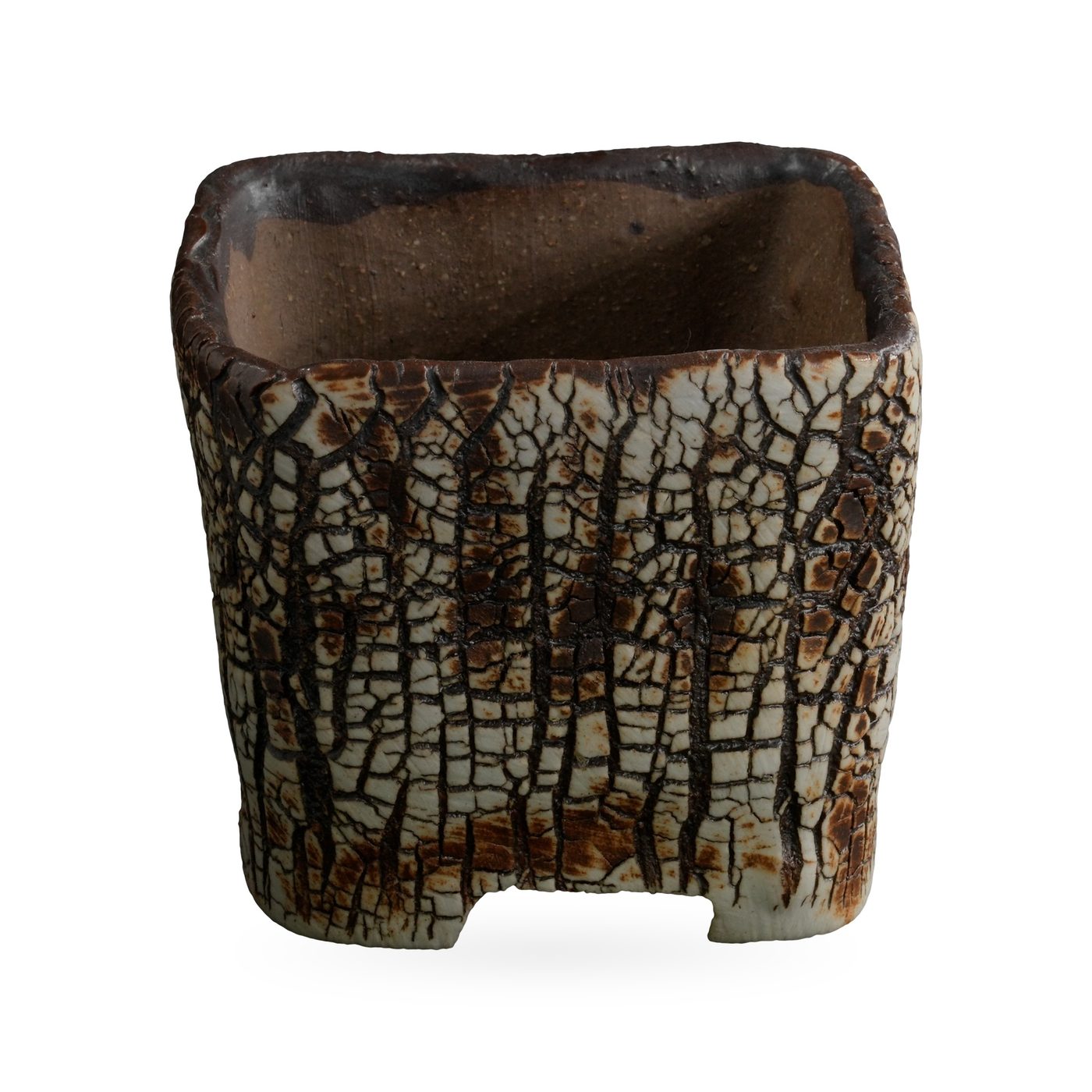 Square pot in cream-white crackle glaze with dark brown bark-like veining and low corner feet