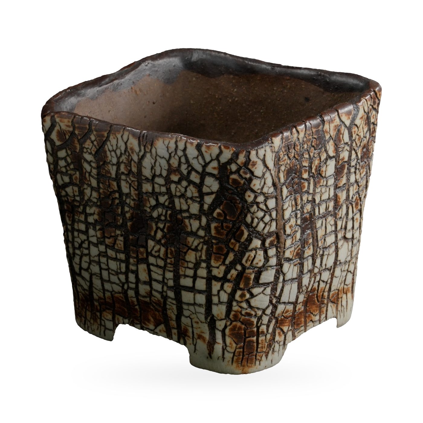 Square pot in cream-white crackle glaze with dark brown bark-like veining and low corner feet – view 2