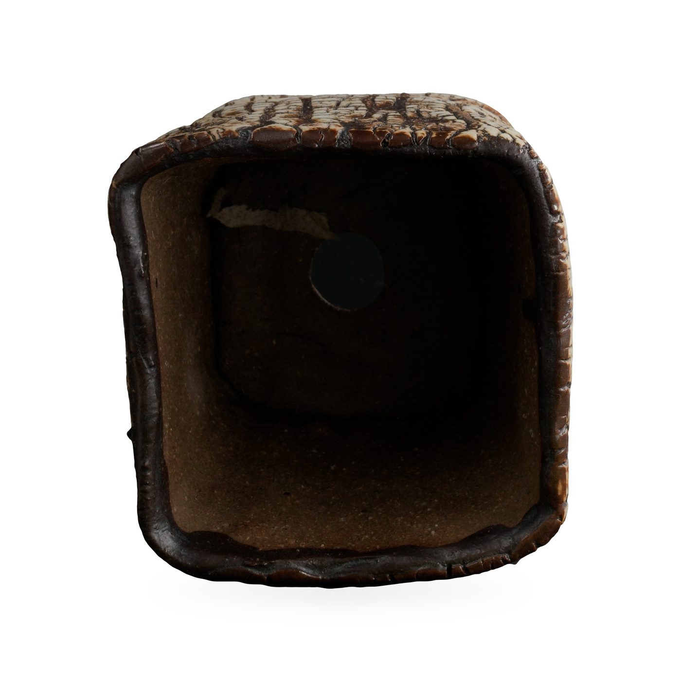 Square pot in cream-white crackle glaze with dark brown bark-like veining and low corner feet – view 3