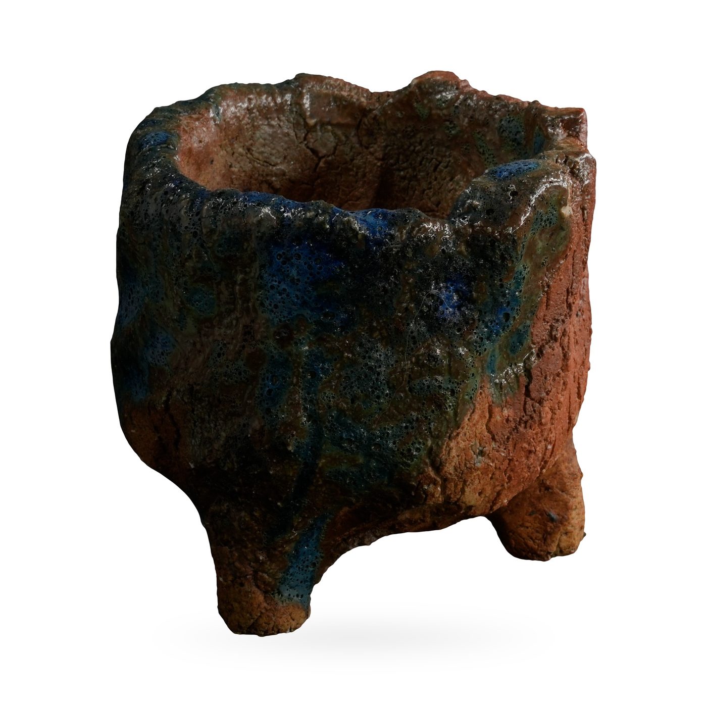 Rugged stump-like footed pot in red-brown clay with deep blue and teal glaze patches – view 2