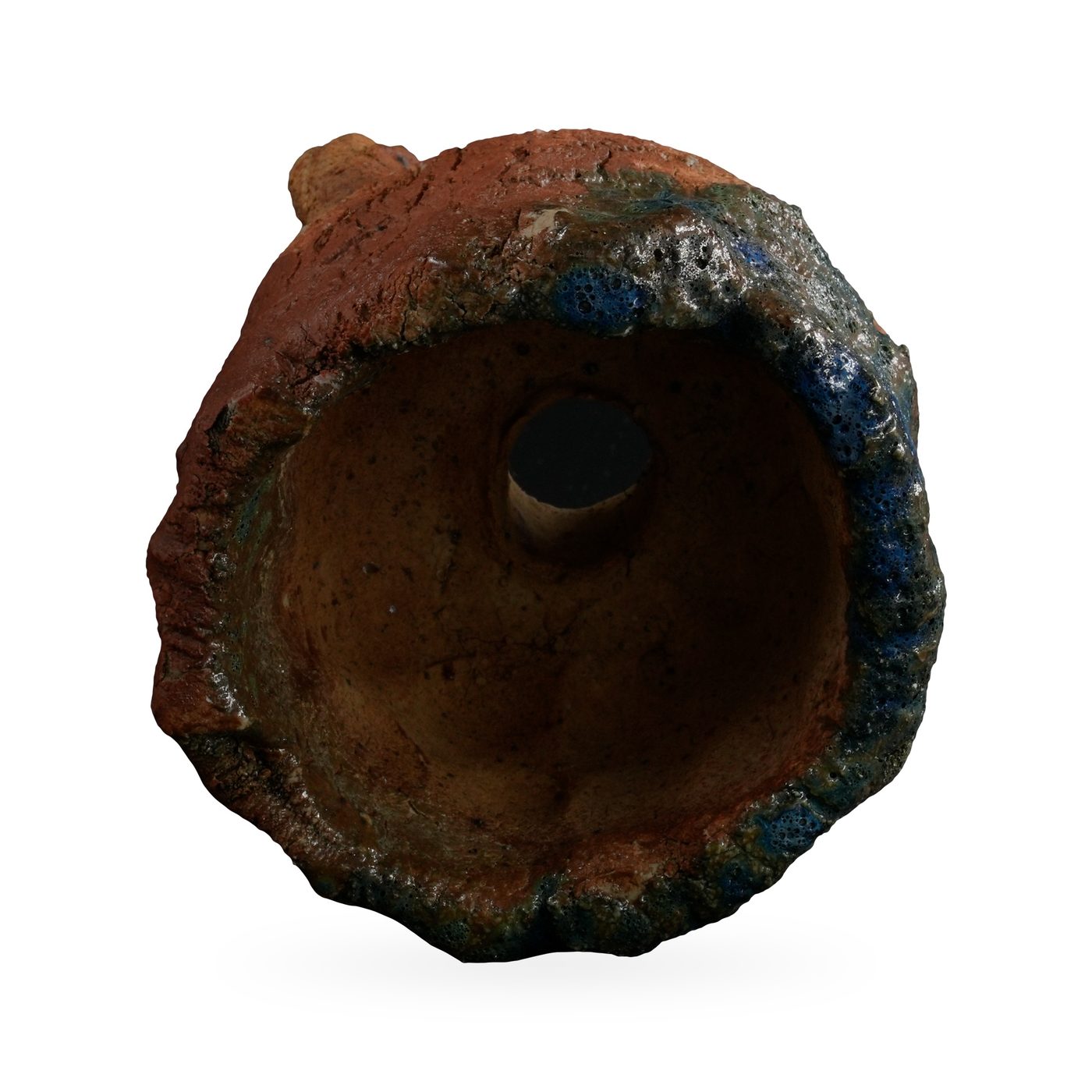 Rugged stump-like footed pot in red-brown clay with deep blue and teal glaze patches – view 3