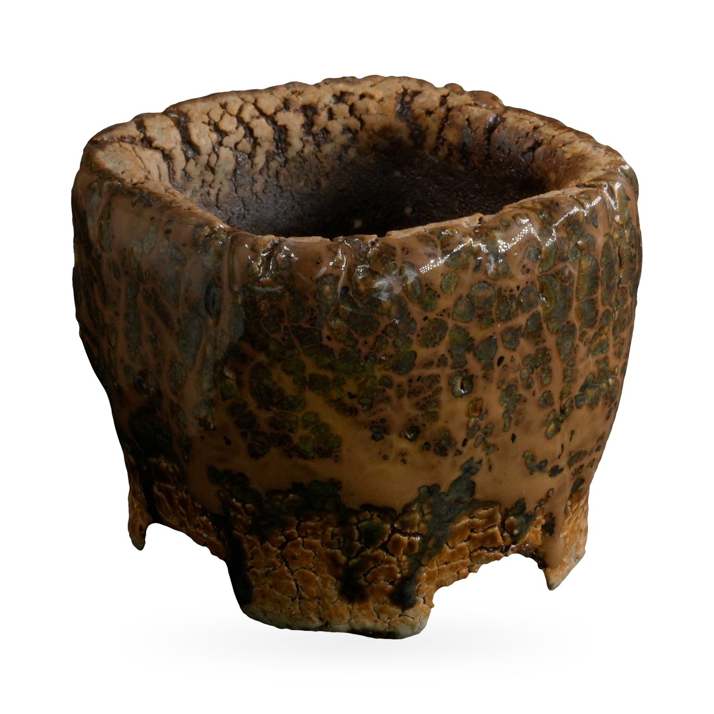 Mini rustic pot with glossy caramel drip glaze, olive mottling and small notched feet – view 2
