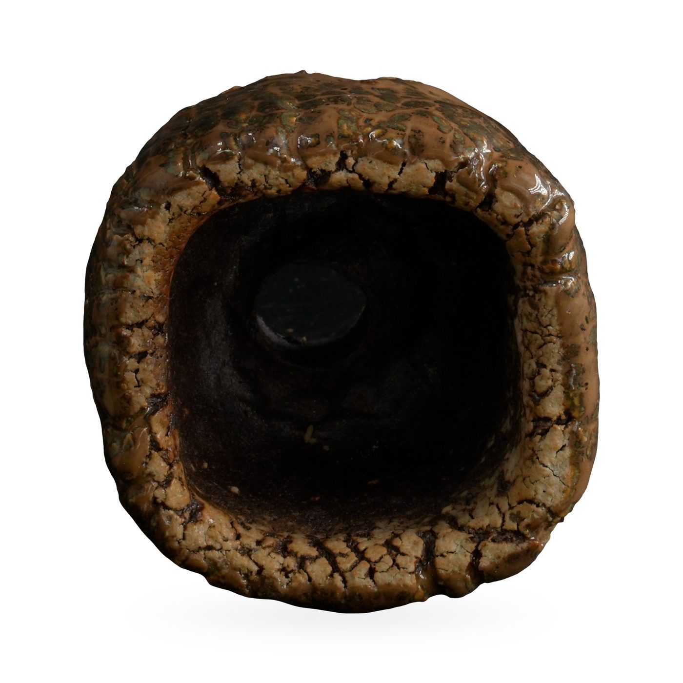 Mini rustic pot with glossy caramel drip glaze, olive mottling and small notched feet – view 3