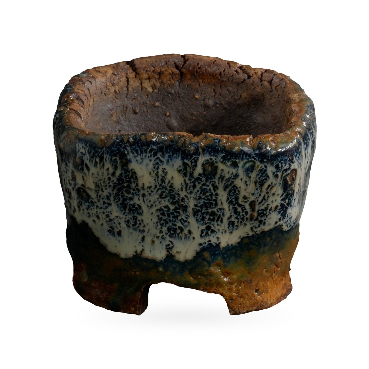 Mini square pot with cream-white and navy drip glaze over rust-brown clay on low feet