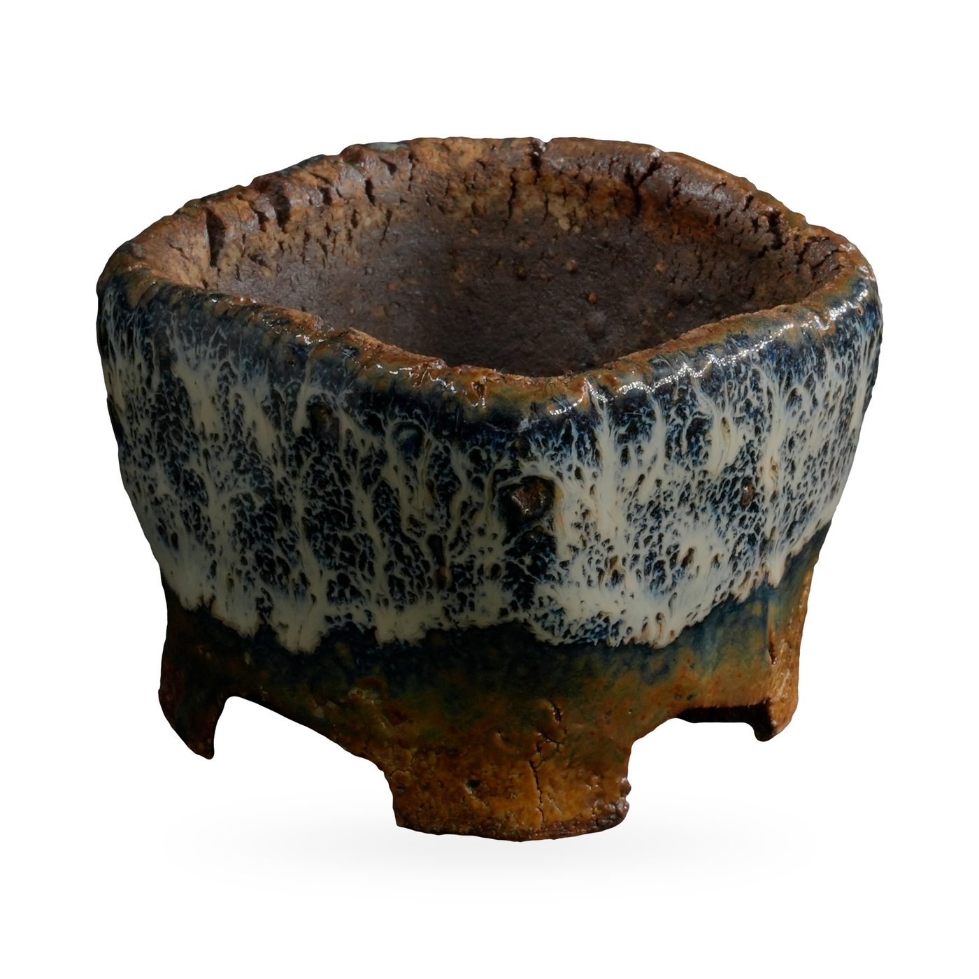 Mini square pot with cream-white and navy drip glaze over rust-brown clay on low feet – view 2