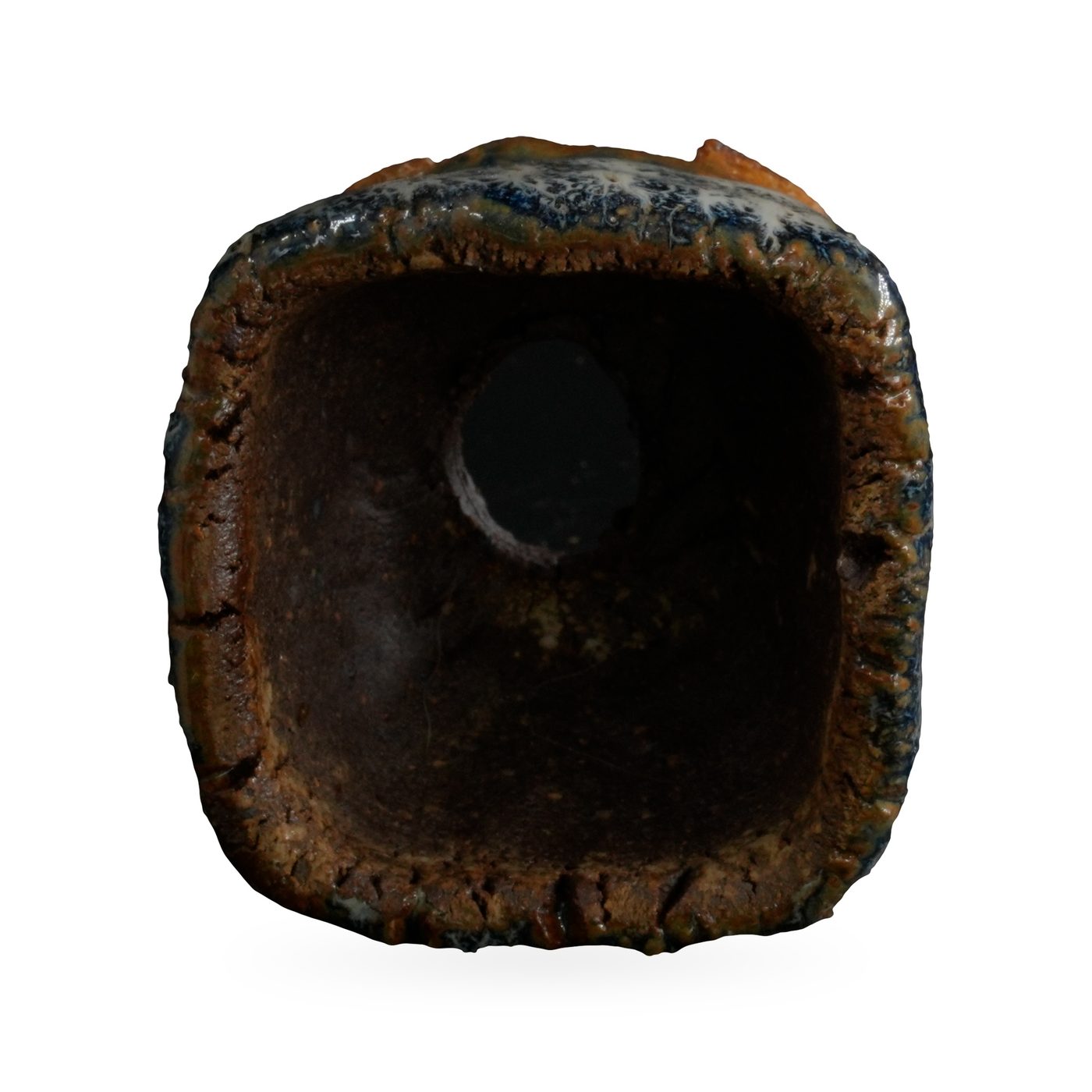 Mini square pot with cream-white and navy drip glaze over rust-brown clay on low feet – view 3