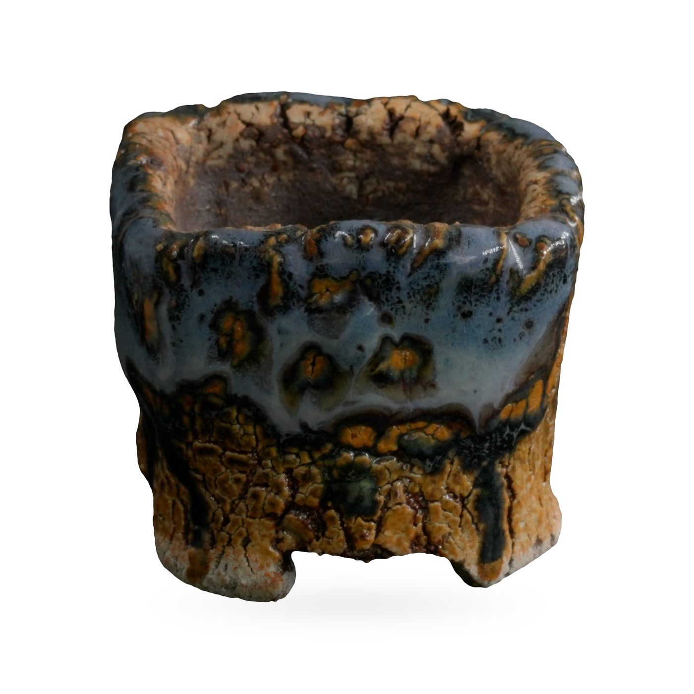 Mini square pot with glossy blue-grey glaze, amber spots and crackled ochre base on small feet