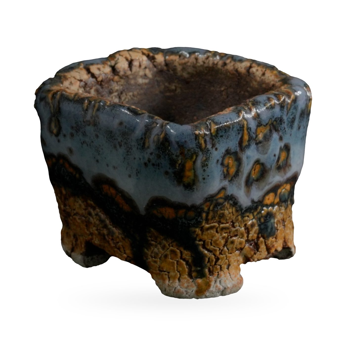 Mini square pot with glossy blue-grey glaze, amber spots and crackled ochre base on small feet – view 2