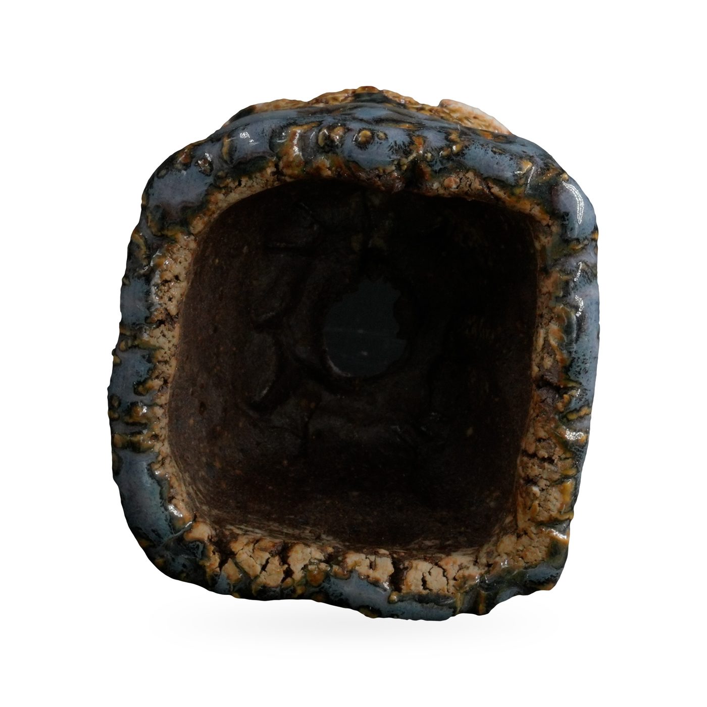 Mini square pot with glossy blue-grey glaze, amber spots and crackled ochre base on small feet – view 3