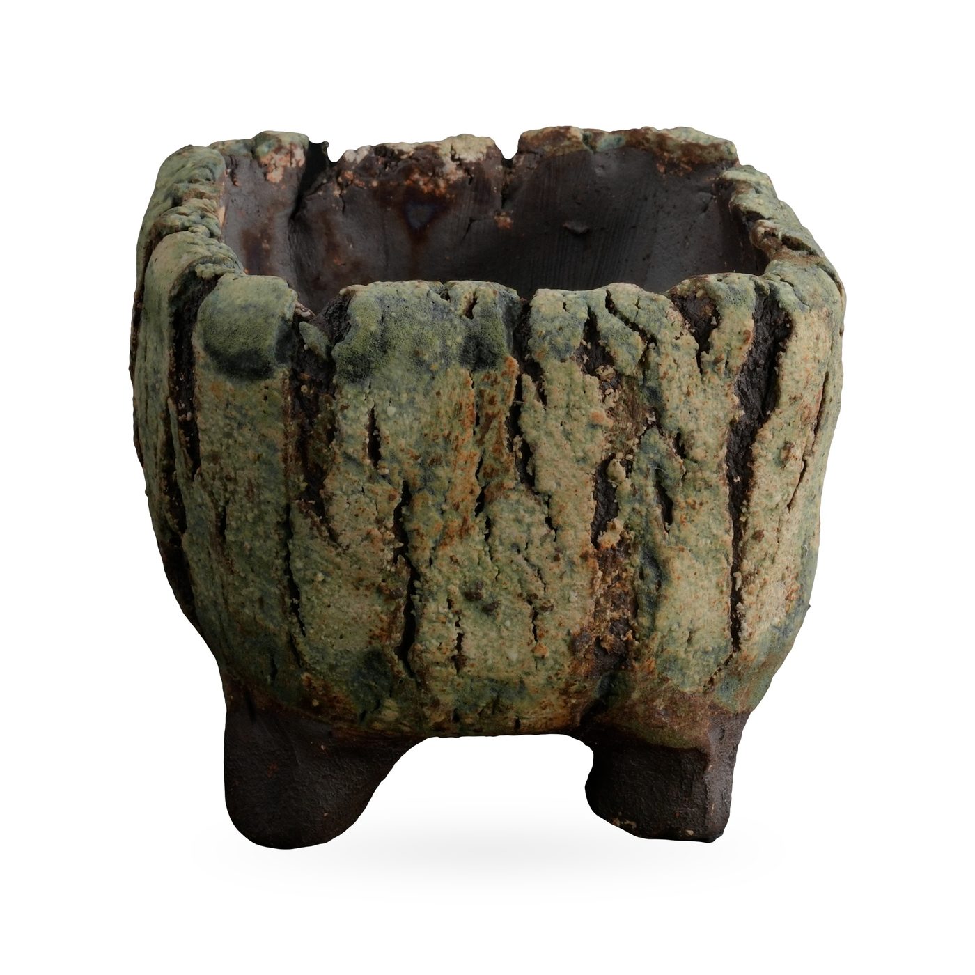 Square footed pot with moss-green bark-like texture, dark fissures and dark brown feet