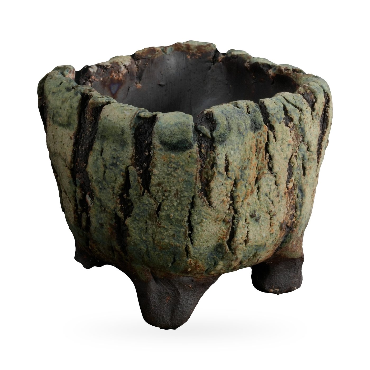 Square footed pot with moss-green bark-like texture, dark fissures and dark brown feet – view 2