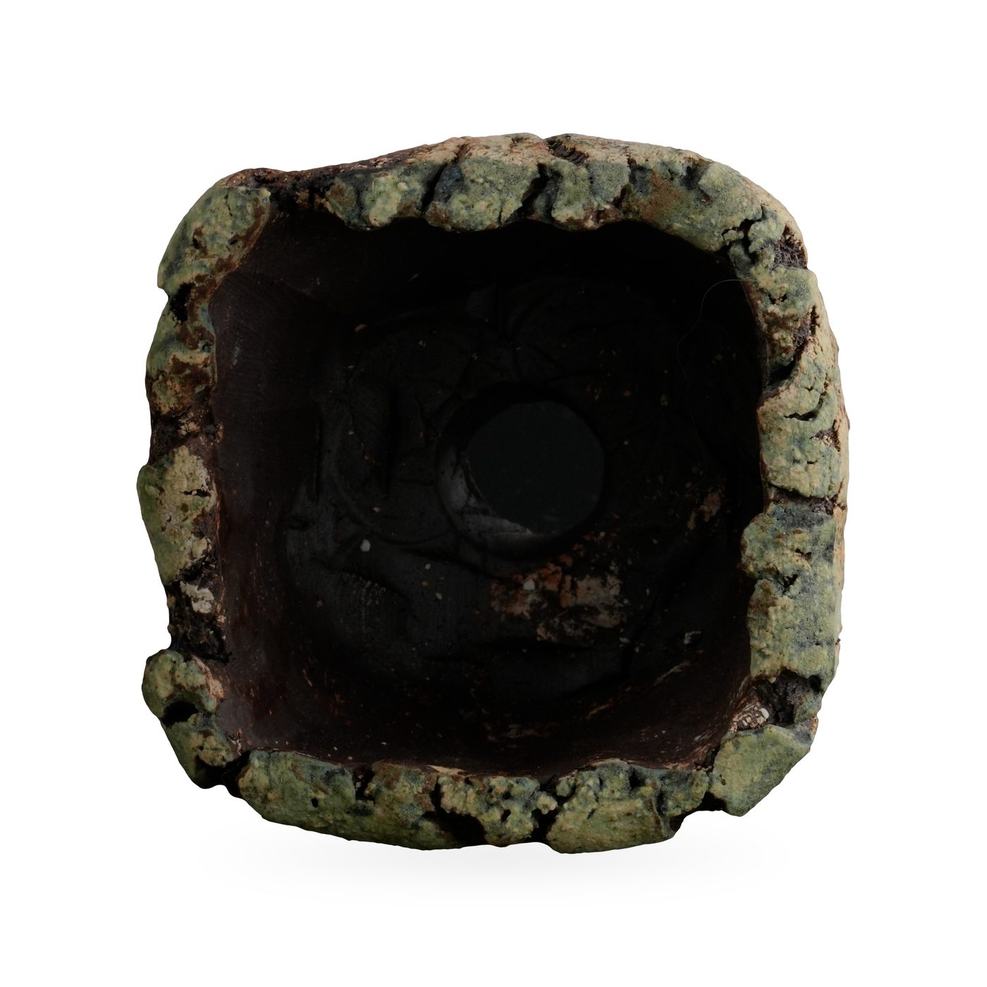 Square footed pot with moss-green bark-like texture, dark fissures and dark brown feet – view 3
