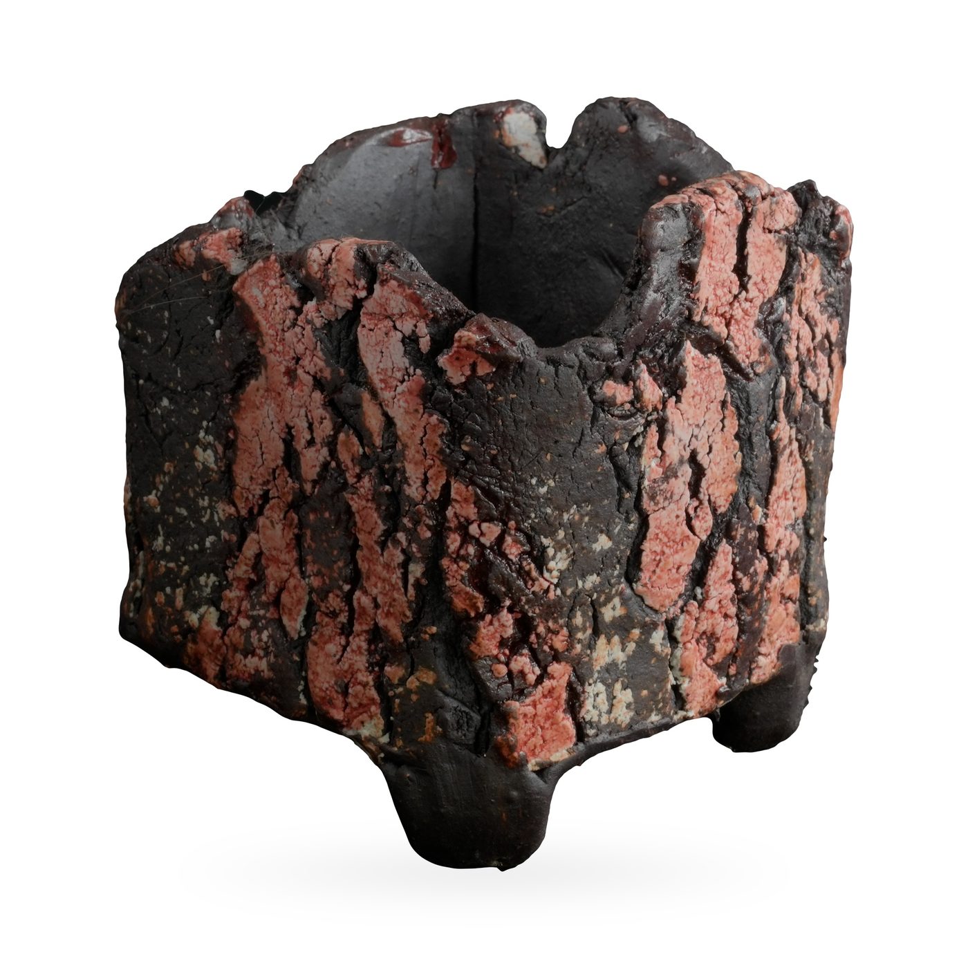 Square bark-texture pot in dark brown-black glaze with crackled salmon-pink patches and small feet – view 2