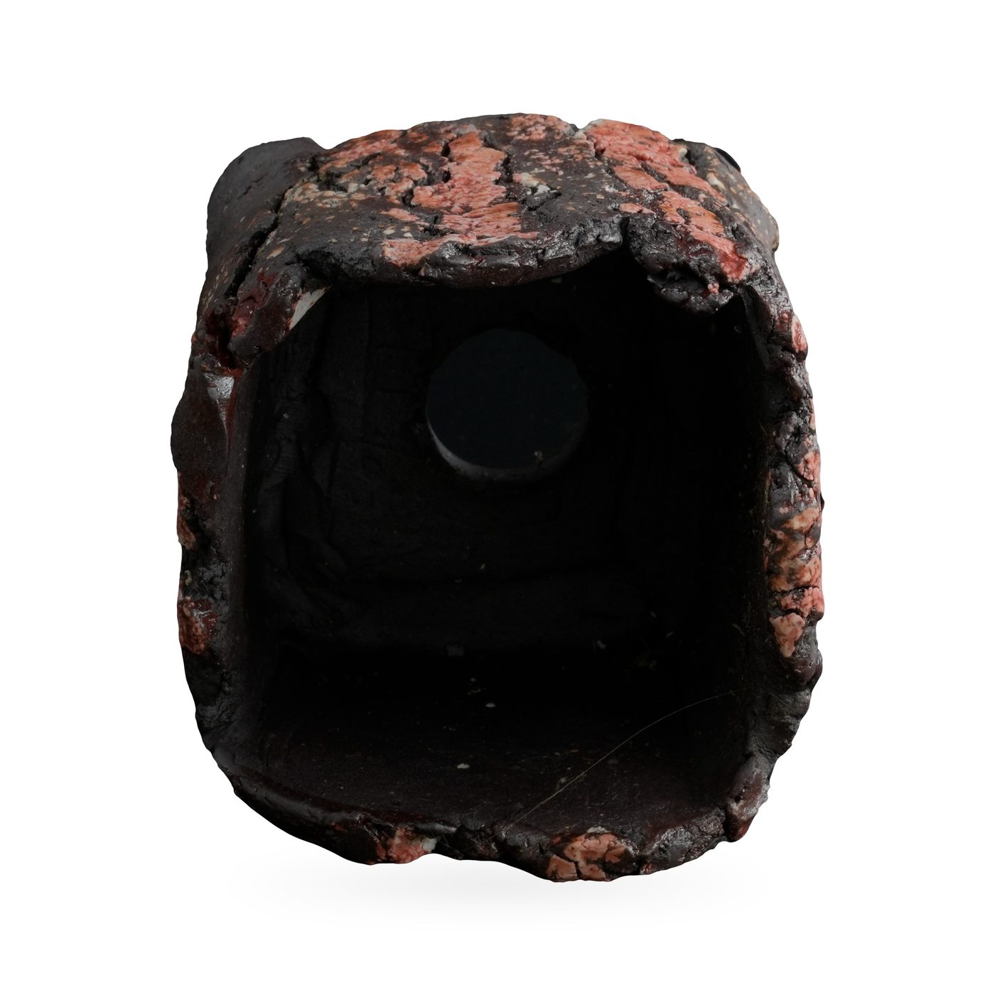 Square bark-texture pot in dark brown-black glaze with crackled salmon-pink patches and small feet – view 3