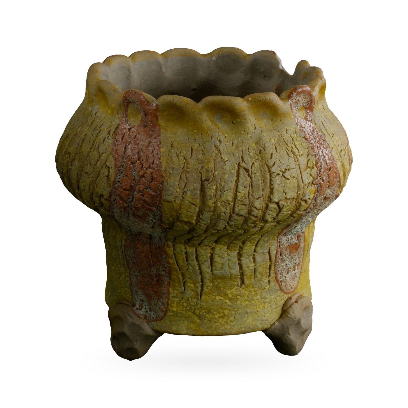 Mustard-yellow crackle-glaze footed pot with rust-orange stripes and a scalloped rim