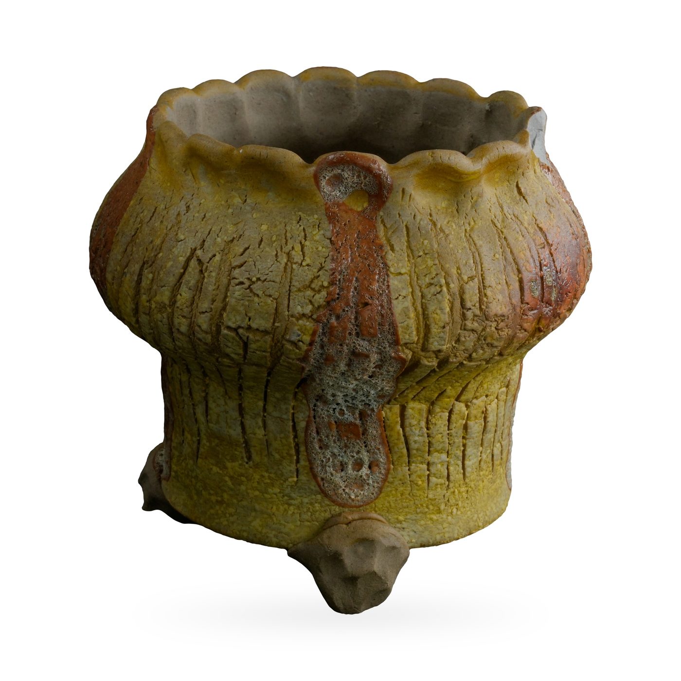 Mustard-yellow crackle-glaze footed pot with rust-orange stripes and a scalloped rim – view 2