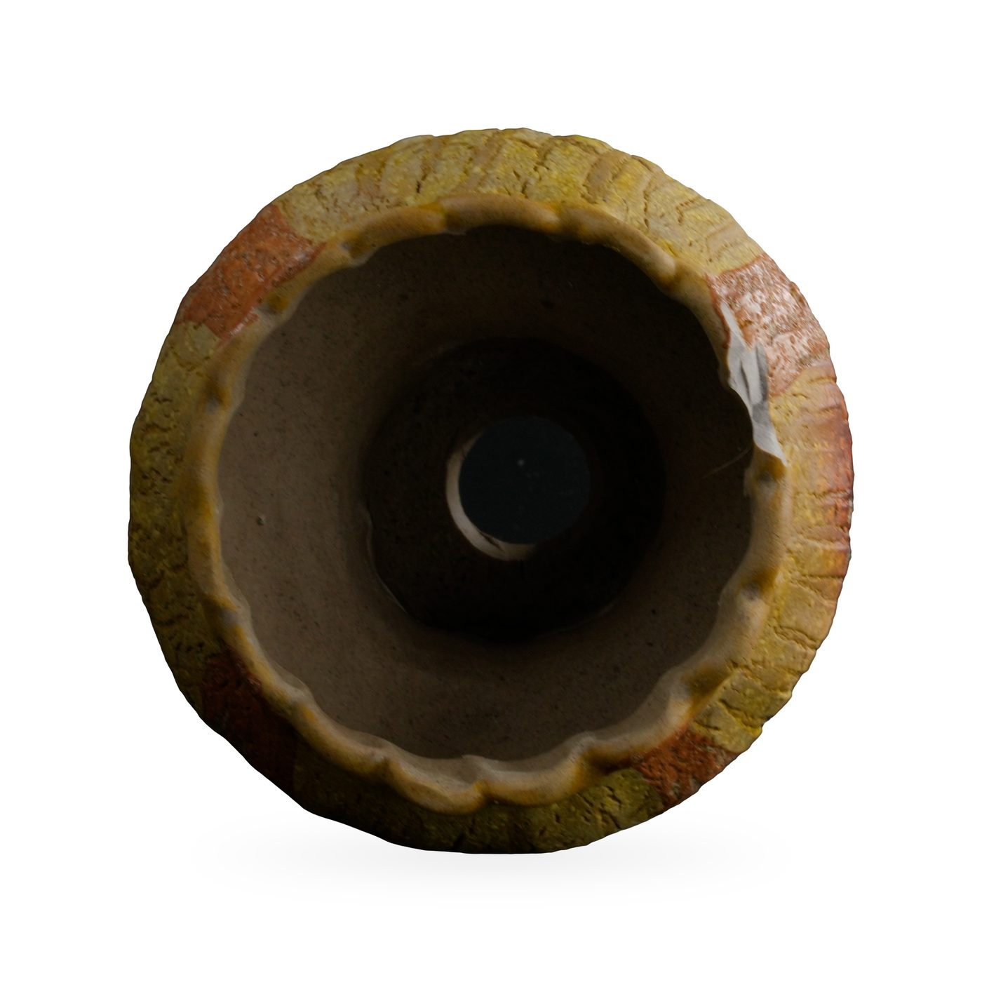 Mustard-yellow crackle-glaze footed pot with rust-orange stripes and a scalloped rim – view 3