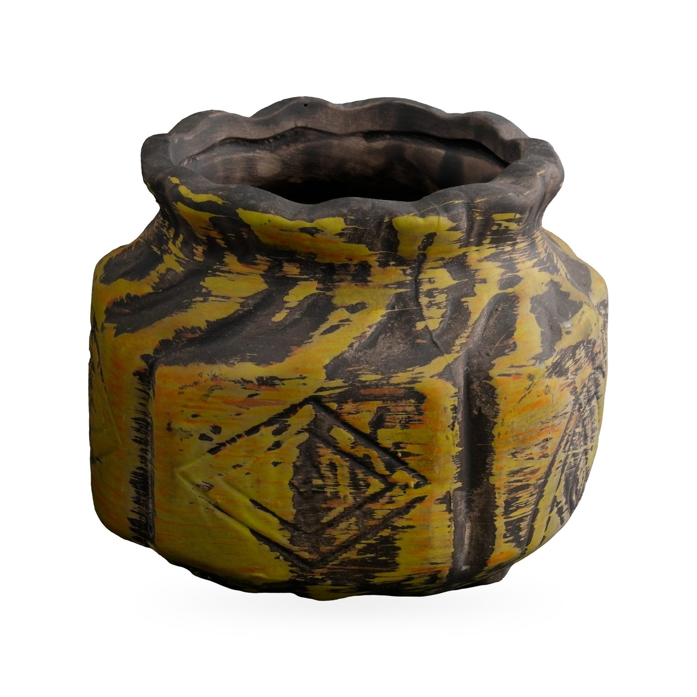 Squat mustard-yellow carved pot with black markings, geometric motifs and a wavy dark rim