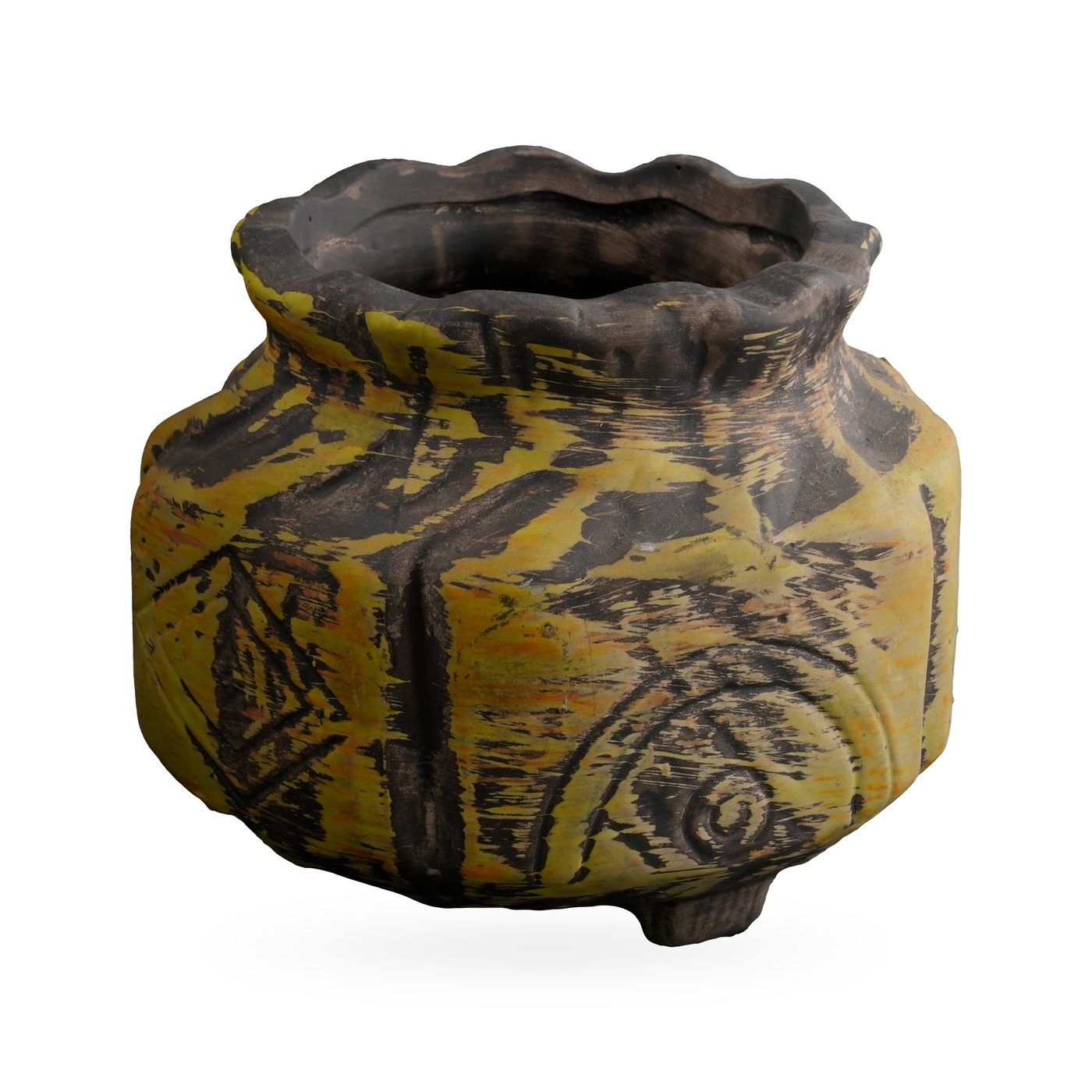Squat mustard-yellow carved pot with black markings, geometric motifs and a wavy dark rim – view 2