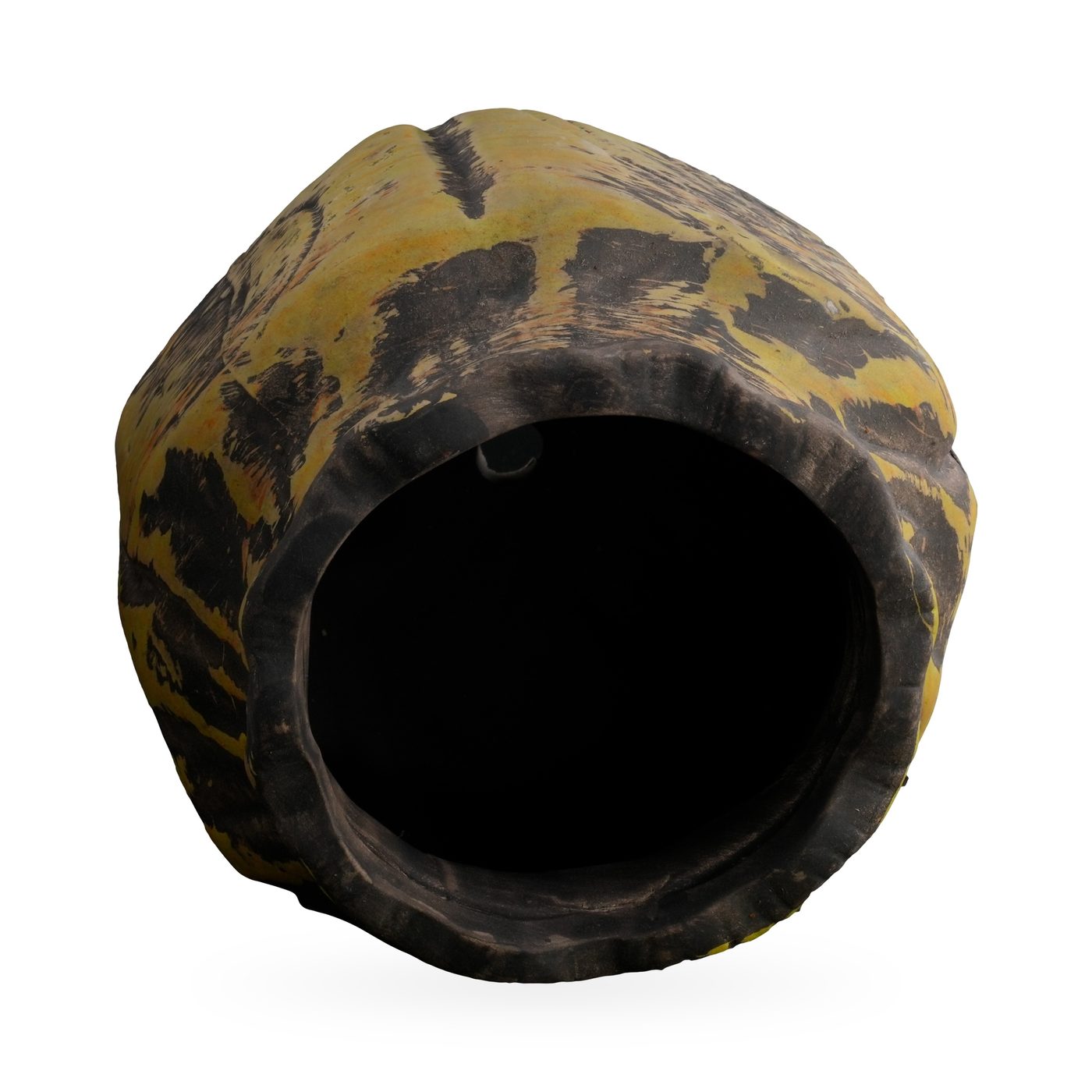 Squat mustard-yellow carved pot with black markings, geometric motifs and a wavy dark rim – view 3