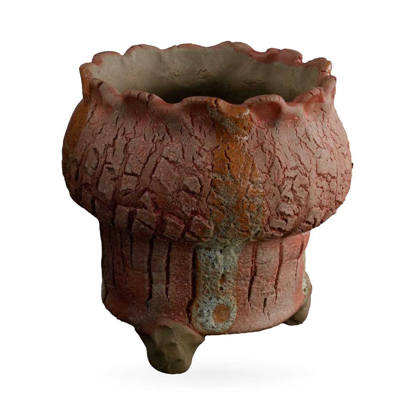Terracotta-pink crackle-glaze footed pot with ochre streaks and a frilled scalloped rim – view 2