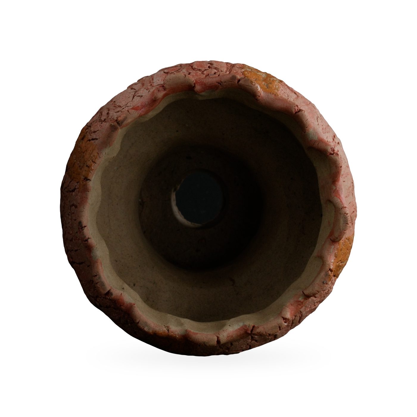 Terracotta-pink crackle-glaze footed pot with ochre streaks and a frilled scalloped rim – view 3