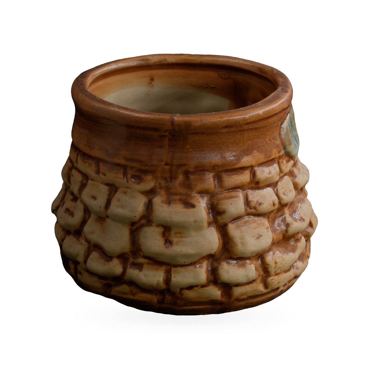 Rounded glazed pot with raised cream-and-brown cobblestone pattern and a blue-green flower band – view 2