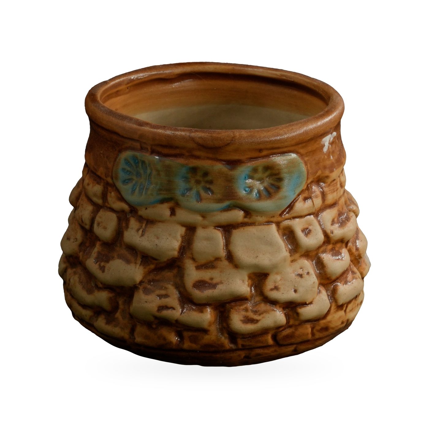 Rounded glazed pot with raised cream-and-brown cobblestone pattern and a blue-green flower band