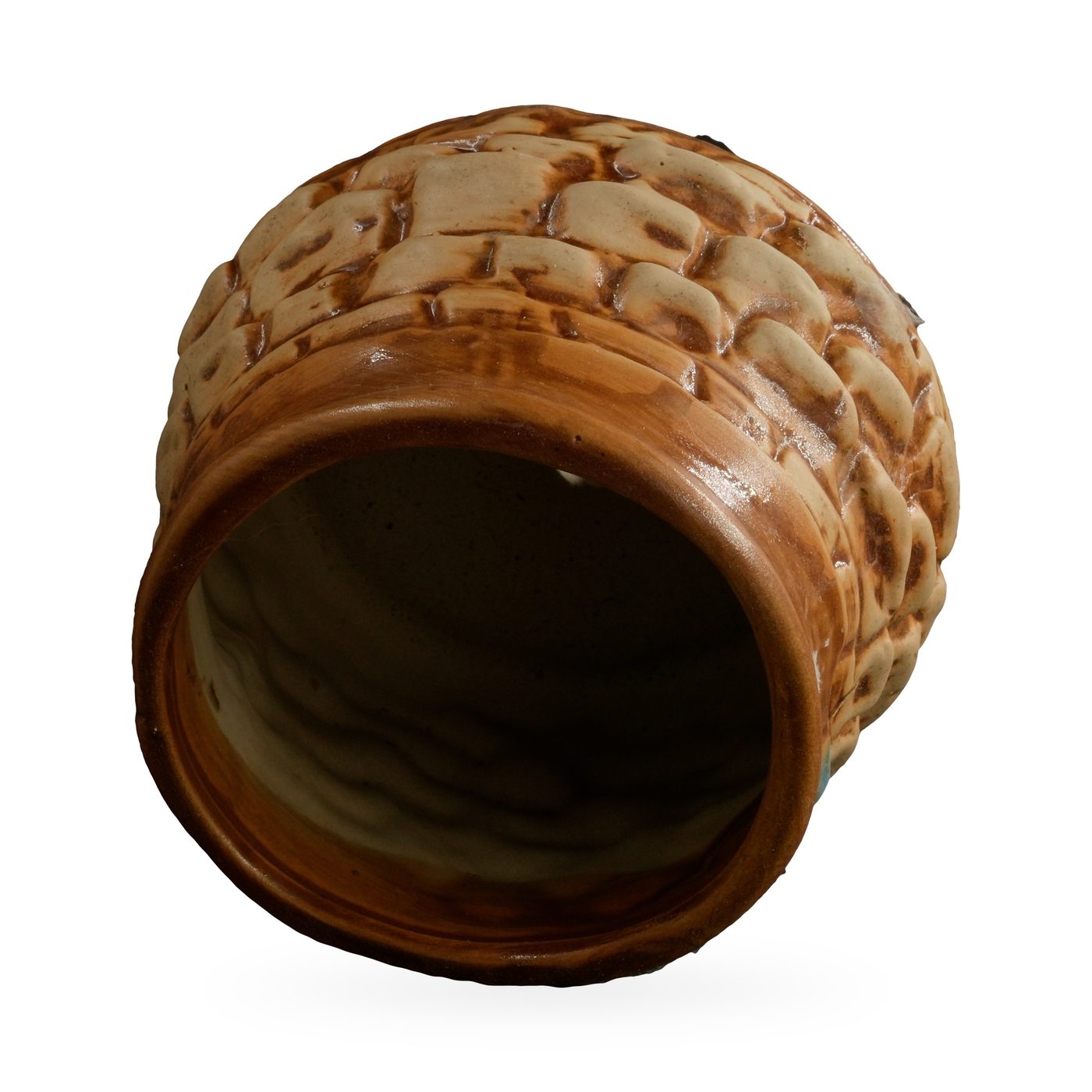 Rounded glazed pot with raised cream-and-brown cobblestone pattern and a blue-green flower band – view 3