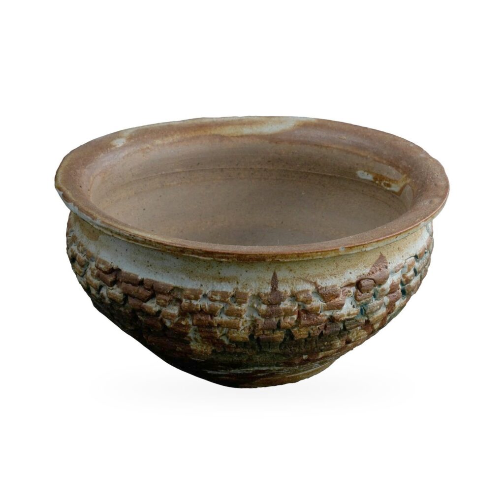 Wide rustic bowl pot with brick-like relief band and mottled rust-brown and grey glaze