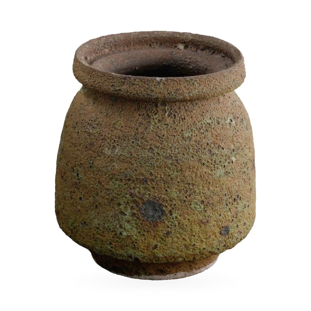 Small brown jar-shaped pot with rolled collar rim and rough moss-green flecked texture