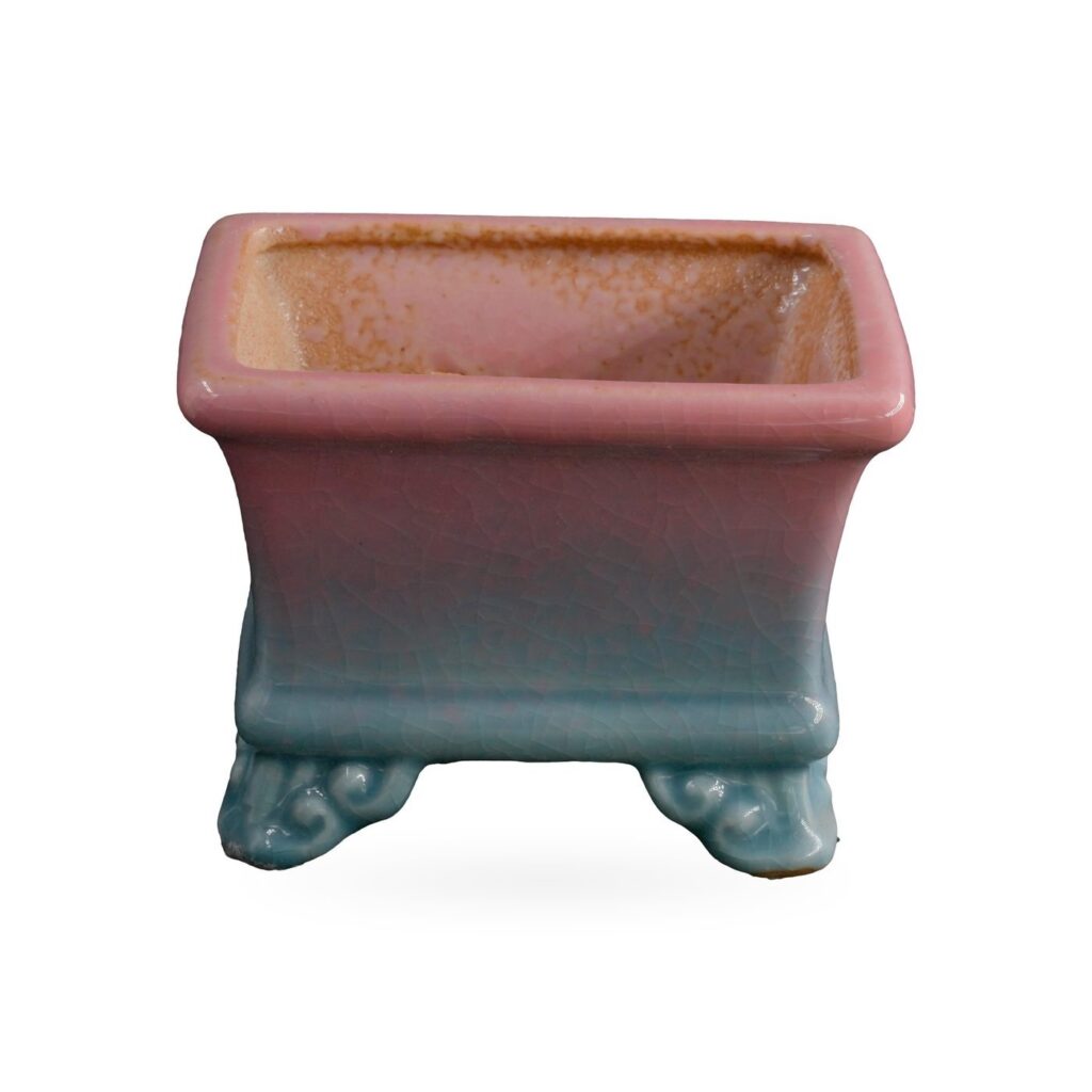 Rectangular bonsai-style pot fading from pink to powder blue on scroll feet, 9×6cm