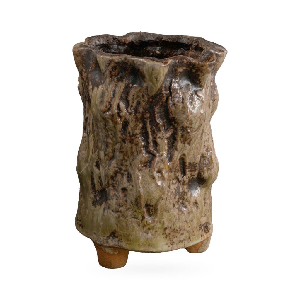 Tall olive green and dark brown bark-textured footed pot with a wavy rim