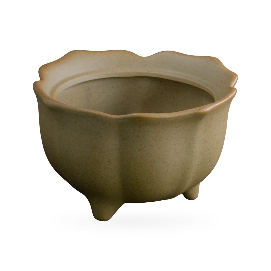 Khaki tan footed succulent pot with a scalloped petal-like rim and softly panelled sides