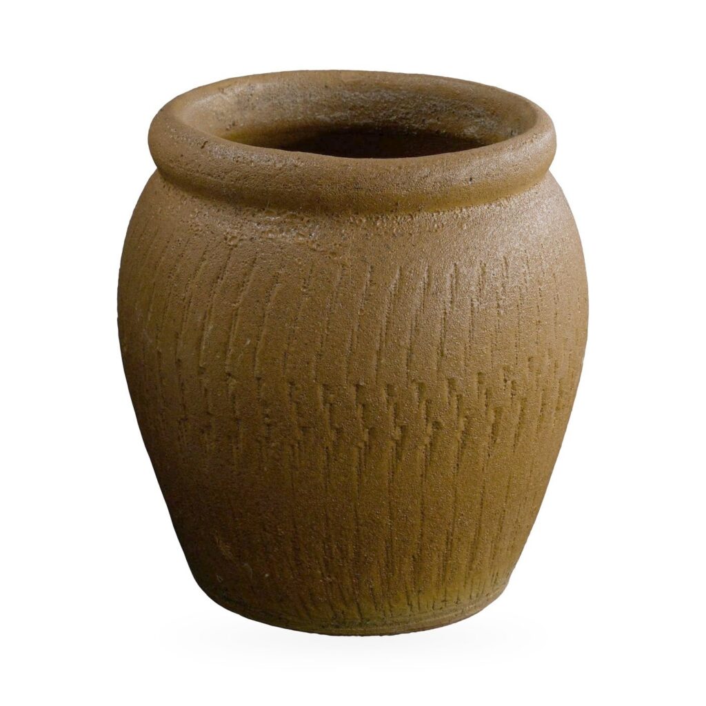 Warm brown jar-shaped succulent pot with fine scored texture and a thick rolled rim