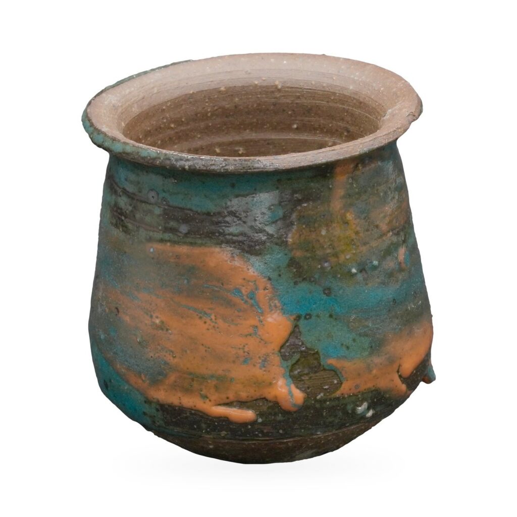 Tapered teal glazed succulent pot with orange splashes, dark banding and a natural clay flared rim
